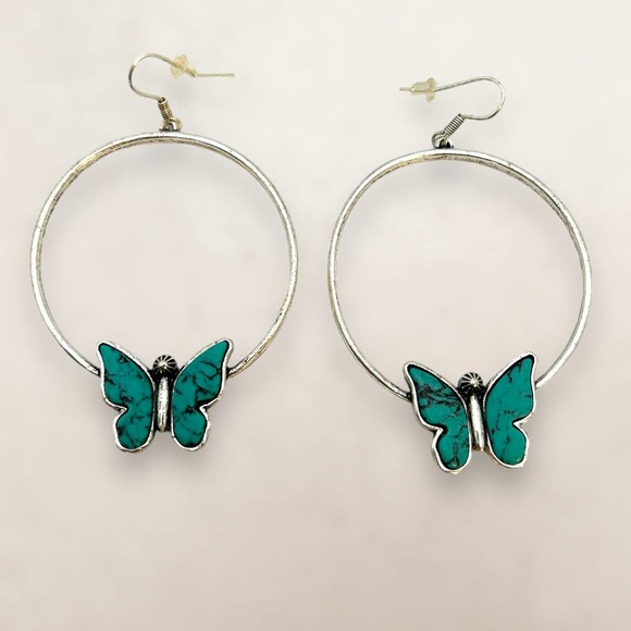 Turquoise Inspired Butterfly Hoop Fishhook Silvertone Earrings Southwest Boho - Picture 1 of 7